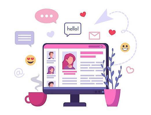 EPS 해외이미지 여자 남자 화분 커피 점선 분홍색 말풍선 일러스트 관계 여러명 상반신 성인 모니터 하트 인사 커피잔 종이비행기 이모티콘 골뱅이기호 소셜네트워크 얼굴없음 성인만 해외일러스트 모양 기호 음료 선 컬러 다수 잔 사람 컴퓨터 예절 종이접기 파일형식 벡터 이미지허브