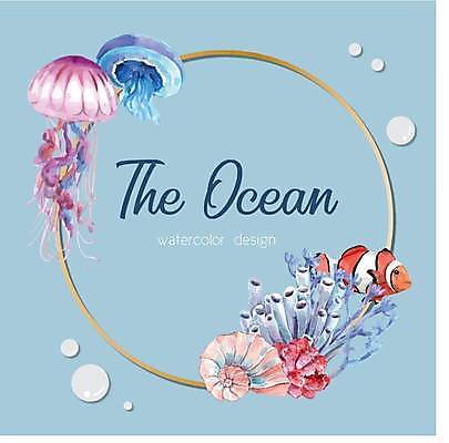 EPS 해외이미지 바다 하늘색 여러마리 일러스트 프레임 글자캘리그라피 사람없음 물방울 산호 소라 해파리 원형프레임 말미잘 프레임일러스트 흰동가리 해외일러스트 다수 캘리그라피 어패류 어류 파란색 원형 자포동물 파일형식 벡터 이미지허브