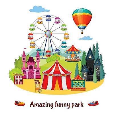 EPS 해외이미지 일러스트 사람없음 놀이공원 열기구 성 서커스 대관람차 회전목마 매표소 범퍼카 해외일러스트 건축물 항공교통 테마파크 놀이기구 파일형식 벡터 이미지허브
