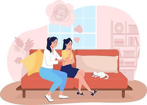 EPS 해외이미지 전신 한마리 여자 딸 어린이 분홍색 쿠션 일러스트 창문 모녀 엄마 앉기 성인 두명 소파 고양이 찡그림 고민 여자만 반려묘 해외일러스트 1 감정 컬러 의자 포유류 가족 모션 표정 사람 반려동물 파일형식 벡터 이미지허브