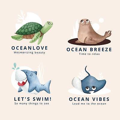 EPS 해외이미지 여러마리 일러스트 텍스트 타이포그라피 사람없음 물개 심볼 상어 가오리 바다거북 베이지색 브랜딩 해외일러스트 문자 컬러 다수 포유류 어류 바다동물 거북이 파일형식 벡터 이미지허브
