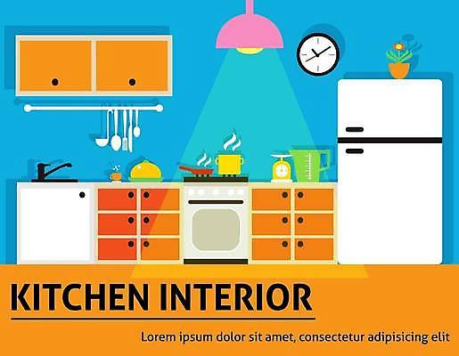 EPS 해외이미지 하늘색 일러스트 주방용품 사람없음 주방 주황색 프라이팬 오븐 냄비 싱크대 국자 냉장고 해외일러스트 컬러 생활용품 파란색 가전제품 솥 개수대 파일형식 벡터 이미지허브