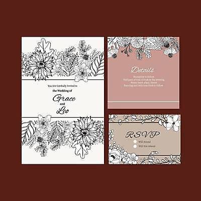 EPS 해외이미지 꽃 결혼 잎 일러스트 프레임 사람없음 갈색 라인아트 청첩장 프레임일러스트 해외일러스트 식물 선 컬러 카드_감사 이벤트 파일형식 벡터 이미지허브