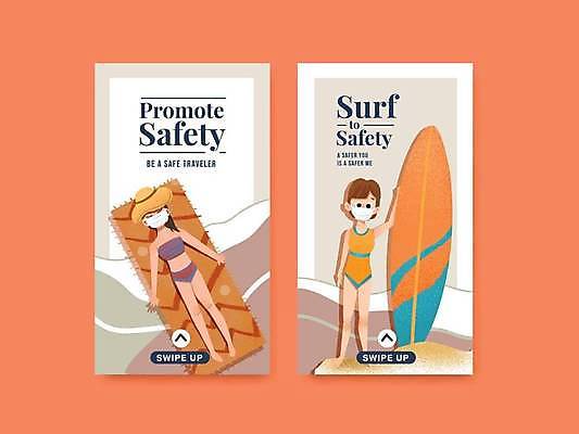 EPS 해외이미지 전신 여자 수영복 일러스트 건강 마스크 서기 성인 해변 두명 여름 여름휴가 세트 모래사장 눕기 잡기 서핑보드 바이러스 보호 예방 비치타올 베이지색 소셜네트워크 소셜미디어 전염병 성인여자만 해외일러스트 옷 계절 바다 컬러 컨셉 모션 휴가 사람 수건 보드_스포츠 질병 여자만 성인만 파일형식 벡터 여름_계절 이미지허브