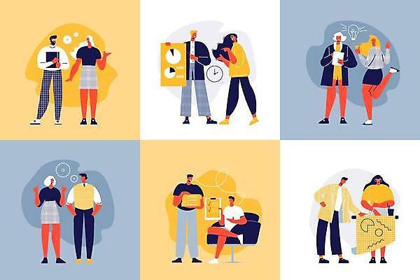 EPS 해외이미지 전신 여자 남자 의자 일러스트 회의 협력 대화 서기 들기 앉기 여러명 성인 자료 비즈니스맨 비즈니스우먼 동료 소통 성인만 해외일러스트 가구 다수 컨셉 비즈니스 관계 모션 말하기 사람 직장인 파일형식 벡터 이미지허브