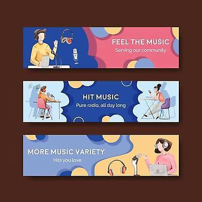 EPS 해외이미지 배너 여자 남자 음악 분홍색 의자 일러스트 탁자 말하기 앉기 여러명 성인 파란색 노란색 헤드폰 마이크 라디오 방송 라디오방송 성인만 해외일러스트 컬러 음향기기 가구 다수 모션 문화예술 사람 전자제품 파일형식 벡터 이미지허브