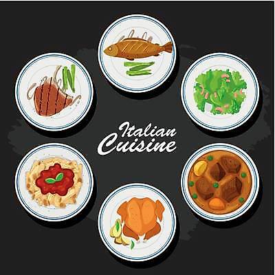 EPS 해외이미지 접시 일러스트 파스타 스테이크 요리 사람없음 치킨 샐러드 생선구이 비프스튜 펜네 해외일러스트 식기 음식 서양음식 구이 생선요리 닭고기요리 파일형식 벡터 이미지허브