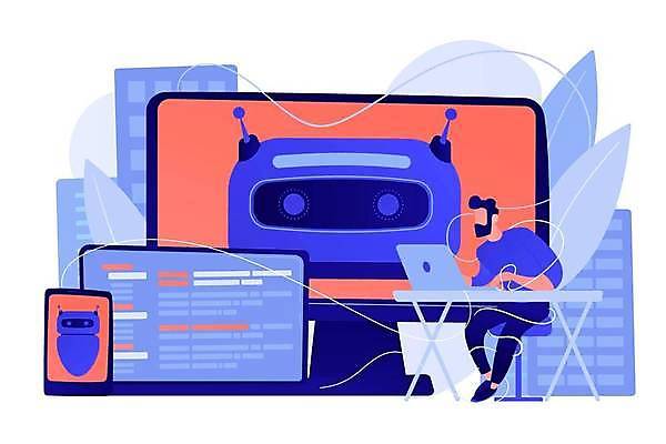 EPS 해외이미지 전신 남자 의자 일러스트 한명 앉기 성인 노트북 스마트폰 디지털 모니터 타이핑 로봇 성인남자한명만 채팅봇 디지털라이프 AI_인공지능 해외일러스트 1 라이프스타일 가구 모션 사람 전자제품 핸드폰 스마트기기 컴퓨터 남자한명만 성인남자만 파일형식 벡터 이미지허브