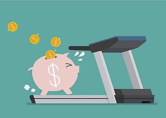 EPS 해외이미지 일러스트 사람없음 금융 경제 달리기 동전 돼지저금통 떨어짐 런닝머신 쏟아짐 민트색 땀흘리기 해외일러스트 컬러 컨셉 돈 모션 운동기구 저금통 파일형식 벡터 이미지허브