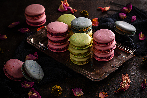 포토 JPG 해외이미지 꽃잎 검은배경 디저트 쟁반 실내 사람없음 쌓기 마카롱 드라이플라워 해외포토 꽃 음식 백그라운드 모션 내부 검은색 파일형식 이미지허브