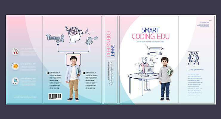 템플릿 교육 표지 남자 어린이 북커버 두명 책 한국인 스마트 뇌 에듀 에듀케이션 컴퓨터교육 소년만 코딩 스쿨팩 책날개 책등 표지샘플 이미지템플릿 AI파일 컨셉 사람 동양인 남자만 어린이만 파일형식 벡터