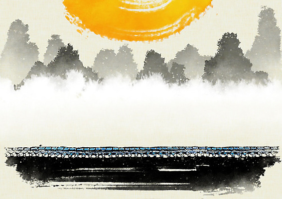 PSD 일러스트 캘리그라피 붓터치 산 사람없음 안개 달 번짐 산수화 기와담장 국내일러스트 자연요소 날씨 기와 담장 동양화 파일형식 효과