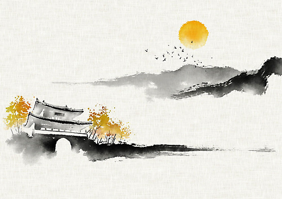 PSD 일러스트 캘리그라피 붓터치 산 기와 사람없음 달 성 번짐 성문 산수화 국내일러스트 자연요소 건축물 동양화 파일형식 효과