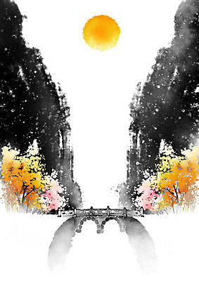 PSD 나무 일러스트 캘리그라피 붓터치 산 사람없음 계곡 달 번짐 산수화 가교 국내일러스트 자연요소 식물 건축물 동양화 파일형식 효과