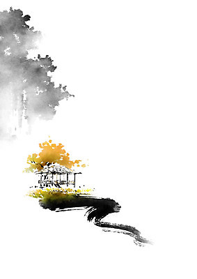 PSD 나무 밭 일러스트 캘리그라피 붓터치 산 사람없음 오두막 번짐 원두막 산수화 국내일러스트 식물 농업 동양화 파일형식 효과