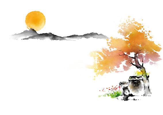 PSD 나무 꽃 일러스트 캘리그라피 붓터치 산 사람없음 달 항아리 번짐 산수화 국내일러스트 자연요소 식물 도자기 동양화 파일형식 효과