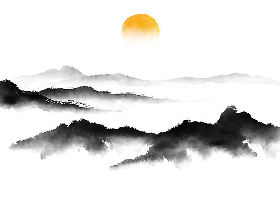 PSD 일러스트 캘리그라피 붓터치 산 사람없음 일출 안개 달 번짐 산수화 국내일러스트 자연요소 날씨 노을 동양화 파일형식 효과