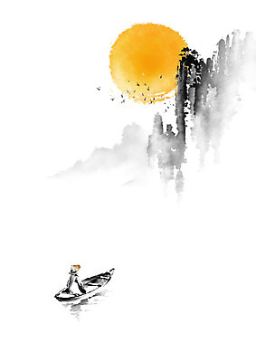 PSD 남자 일러스트 캘리그라피 붓터치 산 한명 강 절벽 달 뱃사공 번짐 산수화 선박 국내일러스트 자연요소 1 수상교통 사람 동양화 파일형식 효과