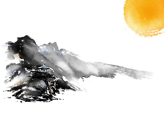 PSD 일러스트 캘리그라피 붓터치 산 사람없음 달 정자 번짐 산수화 국내일러스트 자연요소 건축물 동양화 파일형식 효과