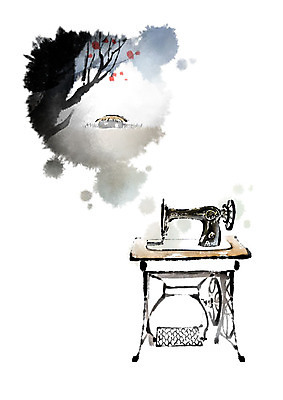 PSD 나무 일러스트 캘리그라피 붓터치 전통소품 초가집 사람없음 나뭇가지 재봉틀 동양화 번짐 고향 국내일러스트 식물 전통 한옥 미술 오브젝트 파일형식 효과