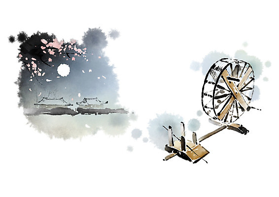 PSD 꽃 일러스트 캘리그라피 붓터치 전통소품 기와집 사람없음 달 나뭇가지 동양화 번짐 고향 물레방아 국내일러스트 자연요소 나무 식물 전통 한옥 미술 오브젝트 파일형식 효과