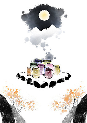 PSD 나무 꽃 일러스트 캘리그라피 붓터치 전통소품 사람없음 달 돌_바위 나뭇가지 항아리 동양화 번짐 고향 국내일러스트 자연요소 식물 전통 미술 도자기 오브젝트 파일형식 효과