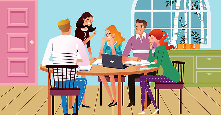 여자 남자 가구 의자 일러스트 창문 탁자 사람 여러명 생활 책 노트북 스터디 공책 그룹 즐거움 유학 국내일러스트 AI파일 교육 감정 생활용품 다수 문구용품 전자제품 학습 파일형식 벡터