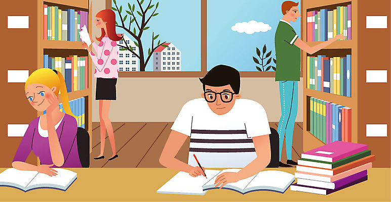 나무 학생 여자 남자 일러스트 책장 사람 여러명 생활 책 펜 공책 도서관 집중 유학 열심 국내일러스트 AI파일 식물 교육 가구 다수 컨셉 문구용품 필기구 파일형식 벡터