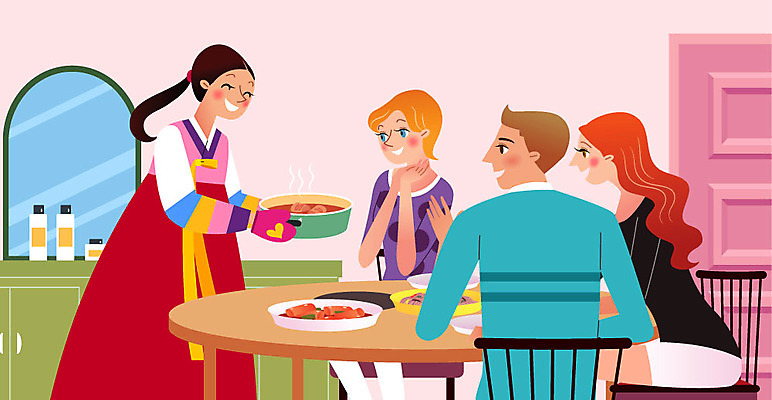 학생 여자 남자 한식 음식 가구 의자 일러스트 탁자 사람 여러명 생활 친구 문 희망 한복 초대 유학 음식대접 국내일러스트 AI파일 한국전통 교육 감정 생활용품 다수 관계 환대 전통의상 파일형식 벡터