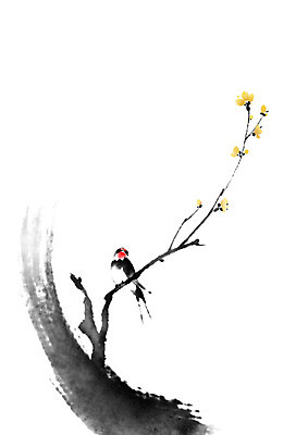 PSD 한마리 꽃 일러스트 캘리그라피 붓터치 사람없음 나뭇가지 절기 동양화 꽃봉오리 번짐 제비 춘분 국내일러스트 나무 식물 1 계절 조류 미술 파일형식 효과