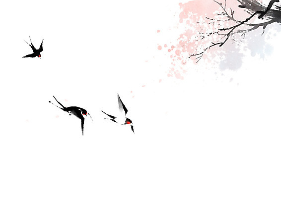 PSD 나무 꽃 일러스트 캘리그라피 붓터치 세마리 사람없음 나뭇가지 절기 동양화 번짐 제비 춘분 국내일러스트 식물 계절 조류 3 미술 파일형식 효과