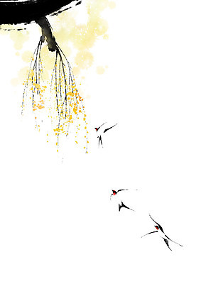 PSD 나무 일러스트 캘리그라피 붓터치 세마리 사람없음 나뭇가지 절기 동양화 꽃봉오리 번짐 춘분 국내일러스트 식물 계절 꽃 3 미술 파일형식 효과