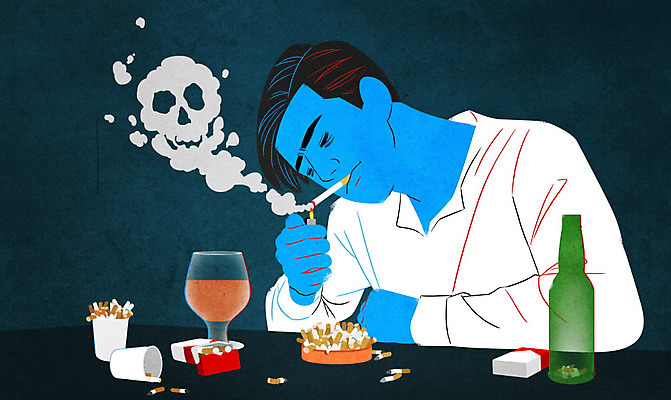 PSD 남자 일러스트 주류 흡연 담배 한명 성인 불안 사회이슈 재떨이 라이터 중독 니코틴중독 소외 해골모형 성인남자한명만 중독자 국내일러스트 1 감정 음료 컨셉 사람 모형 남자한명만 성인남자만 파일형식