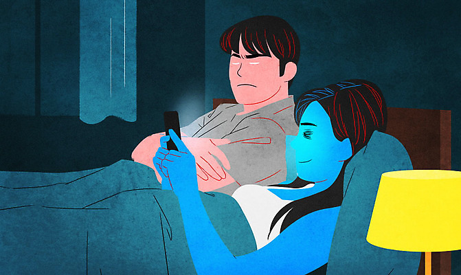 PSD 부부 여자 남자 일러스트 성인 두명 침실 분노 침대 불안 사회이슈 무관심 집중 중독 스마트폰중독 소외 성인만 중독자 국내일러스트 커플 감정 가구 컨셉 사람 스마트폰 파일형식