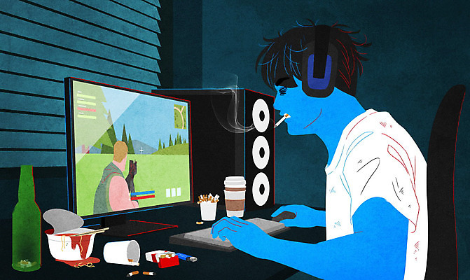 PSD 남자 커피 일러스트 주류 흡연 담배 한명 성인 컴퓨터 게임 불안 사회이슈 중독 소외 컵라면 성인남자한명만 게임중독 중독자 국내일러스트 1 감정 음료 컨셉 놀이 사람 전자제품 라면 남자한명만 성인남자만 파일형식