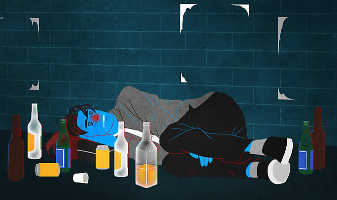 PSD 남자 일러스트 술병 거리 주류 흡연 한명 성인 잠 만취 불안 사회이슈 담배꽁초 중독 알코올중독 소외 성인남자한명만 중독자 국내일러스트 1 감정 음료 컨셉 병_용기 담배 사람 술취함 남자한명만 성인남자만 파일형식