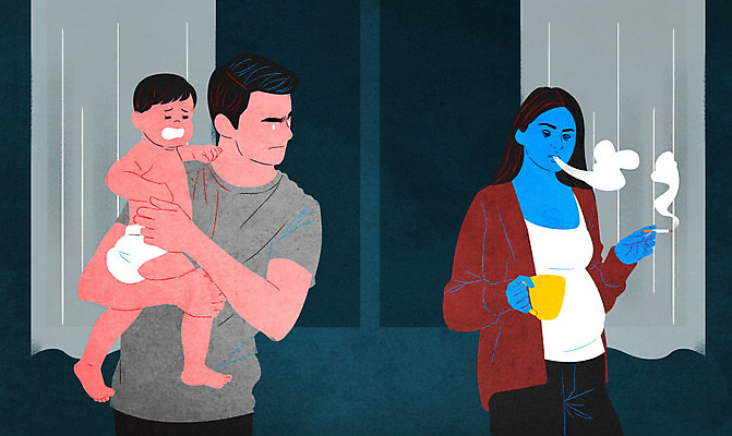 PSD 부부 여자 남자 일러스트 주류 흡연 담배 성인 세명 임산부 분노 아기 불안 사회이슈 중독 알코올중독 니코틴중독 소외 중독자 국내일러스트 커플 감정 음료 컨셉 사람 임신 파일형식