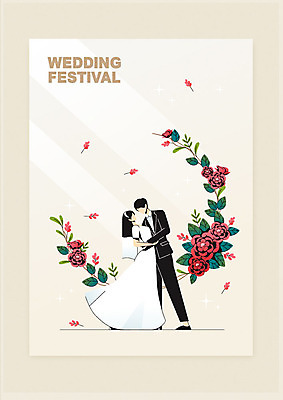 여자 남자 꽃 포스터 신부 웨딩드레스 신랑 결혼 일러스트 신혼부부 정장 턱시도 두명 장미 베이지색 웨딩박람회 국내일러스트 AI파일 식물 부부 드레스 옷 컬러 사람 이벤트 신혼 박람회 파일형식 벡터