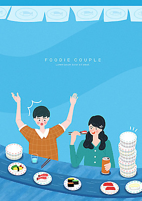PSD 커플 여자 남자 음식 하늘색 일러스트 사랑 사람 두명 초밥 일식집 회전초밥 국내일러스트 감정 관계 파란색 식당 일본음식 파일형식