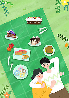 PSD 커플 여자 남자 음식 빵 일러스트 사랑 사람 두명 초록색 눕기 소풍 케이크 도넛 돗자리 팔베개 국내일러스트 감정 컬러 관계 모션 디저트 야외활동 파일형식