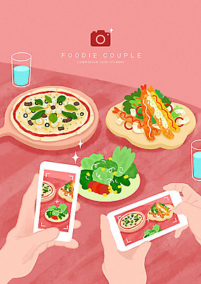PSD 손 커플 여자 남자 음식 분홍색 일러스트 피자 사랑 사람 두명 신체부위 스마트폰 촬영 샐러드 새우튀김 소셜네트워크 국내일러스트 감정 컬러 관계 새우 패스트푸드 서양음식 핸드폰 스마트기기 튀김 파일형식