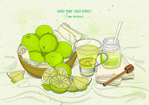 PSD 웰빙 일러스트 유리병 수채화 건강 사람없음 연두색 바구니 숟가락 맛 라임 상큼 라임주스 핸드메이드 과일청 라임청 수제청 국내일러스트 음식 컨셉 과일 병_용기 수저 초록색 과일주스 파일형식