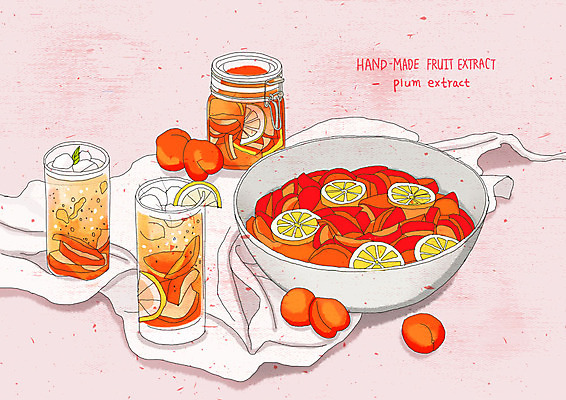 PSD 웰빙 음료 분홍색 일러스트 수채화 건강 사람없음 맛 상큼 자두 핸드메이드 과일청 자두청 국내일러스트 음식 컬러 컨셉 과일 파일형식