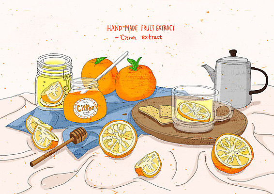 PSD 웰빙 분홍색 일러스트 주전자 수채화 도마 건강 사람없음 직물 맛 상큼 유자 유자차 핸드메이드 과일청 유자청 과일차 국내일러스트 음식 컬러 컨셉 과일 주방용품 차_음료 파일형식