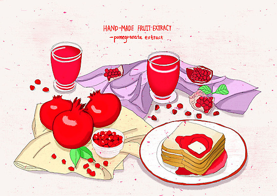 PSD 접시 웰빙 음료 분홍색 일러스트 수채화 건강 사람없음 직물 맛 식빵 상큼 석류 석류주스 핸드메이드 과일청 석류청 국내일러스트 식기 음식 빵 컬러 컨셉 과일 과일주스 파일형식