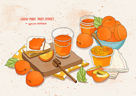 PSD 그릇 웰빙 빵 일러스트 유리병 수채화 도마 건강 사람없음 직물 맛 상큼 살구 살구잼 핸드메이드 과일청 국내일러스트 식기 음식 컨셉 과일 주방용품 병_용기 잼 파일형식