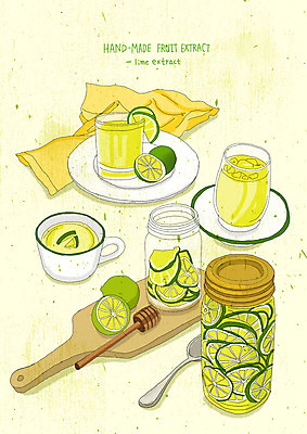PSD 웰빙 음료 일러스트 유리병 수채화 도마 건강 사람없음 연두색 숟가락 직물 맛 라임 상큼 라임주스 핸드메이드 과일청 라임청 국내일러스트 음식 컨셉 과일 주방용품 병_용기 수저 초록색 과일주스 파일형식