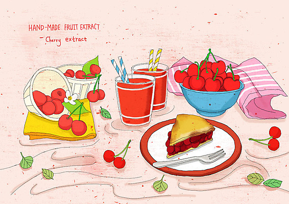 PSD 접시 웰빙 음료 분홍색 포크 일러스트 수채화 건강 사람없음 케이크 직물 체리 맛 상큼 핸드메이드 체리파이 체리주스 과일청 체리청 국내일러스트 식기 음식 컬러 컨셉 과일 디저트 과일주스 파이_빵 파일형식