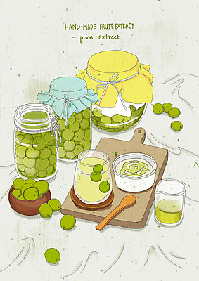 PSD 웰빙 음료 일러스트 수채화 도마 건강 사람없음 연두색 숟가락 직물 맛 상큼 매실 핸드메이드 매실청 과일청 수제청 국내일러스트 음식 컨셉 과일 주방용품 수저 초록색 파일형식