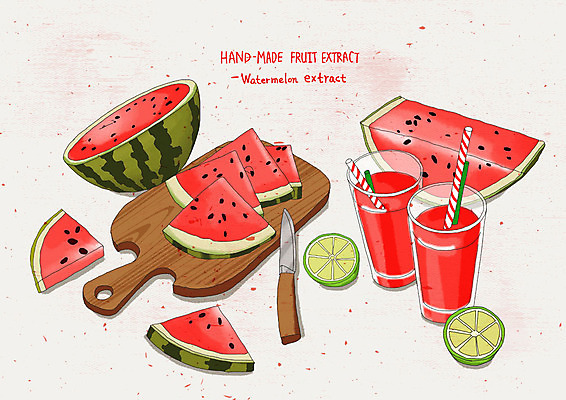 PSD 웰빙 음료 분홍색 일러스트 수채화 수박 도마 건강 빨대 사람없음 칼 맛 라임 상큼 수박주스 핸드메이드 과일청 수박청 과채 수제청 국내일러스트 음식 컬러 컨셉 채소 과일 주방용품 과일주스 파일형식